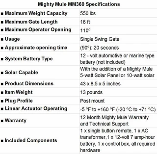 Mighty Mule MM360 Specifications
