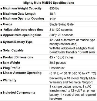 Mighty Mule MM560 Specifications