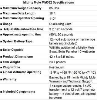 Mighty Mule MM562 Specifications