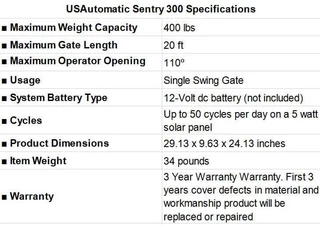 USAutomatic Sentry 300 Specifications